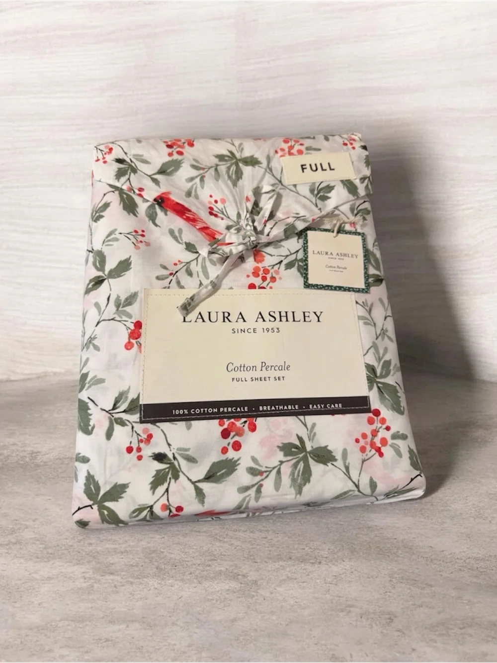 JOLLY CARDINALS Laura Ashley Floral Cotton Percale FULL Set White, Red, Green
